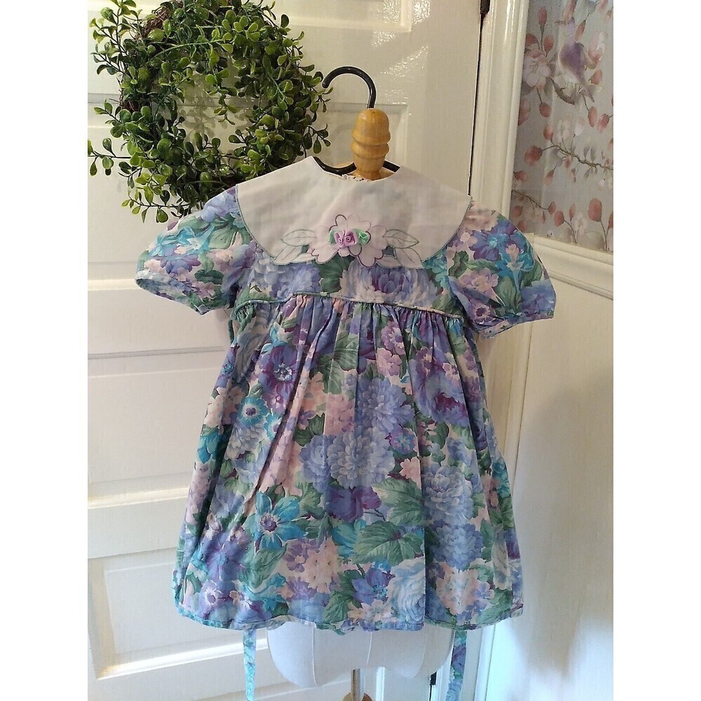 Girls Peaches’n Cream Dress Floral Bug Collar  Sz 4T Retro Vintage